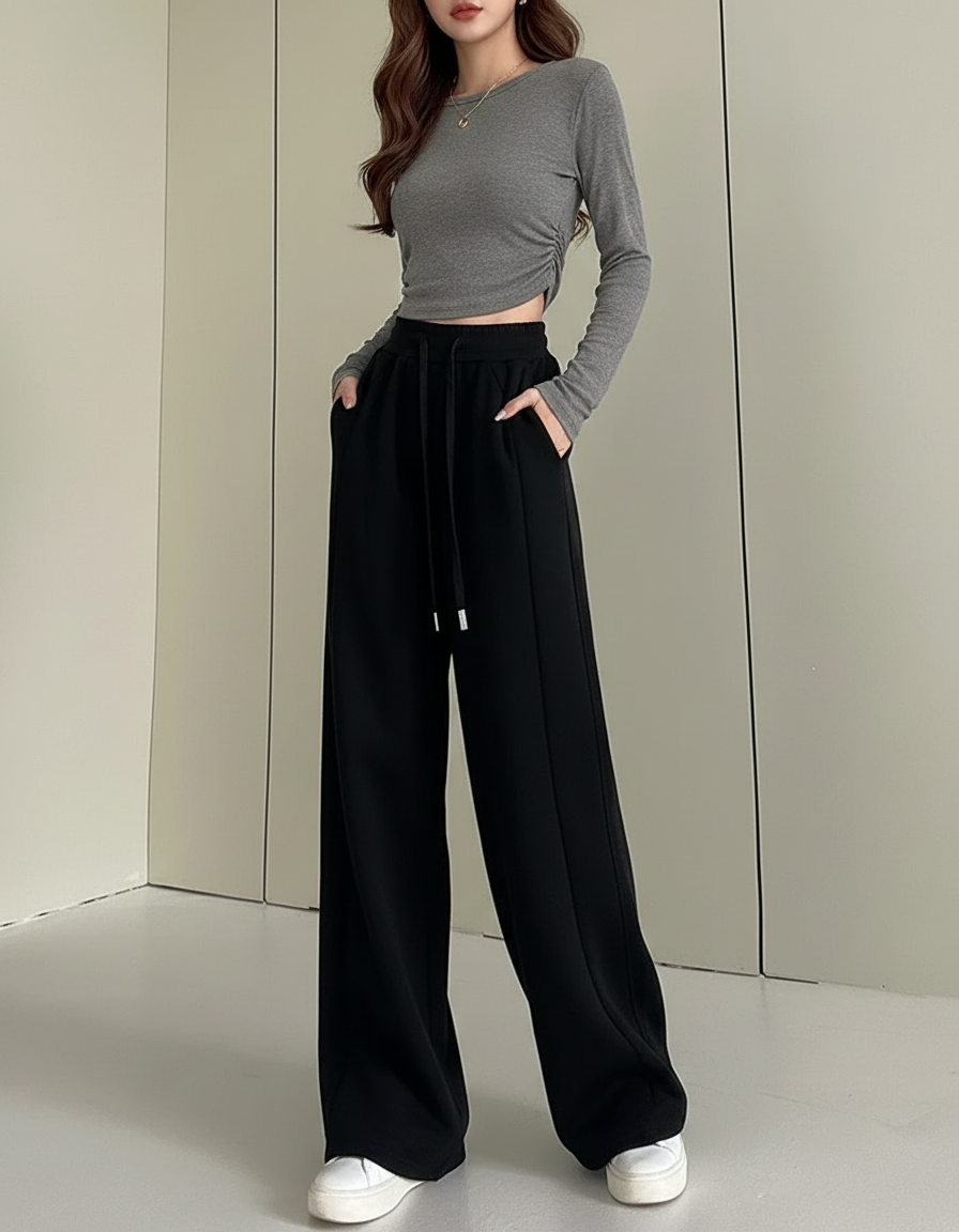 Pantalon Fluide Noir Ample Cordon Sport Molleton