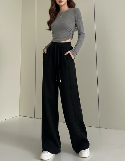Pantalon Fluide Noir Ample Cordon Sport Molleton