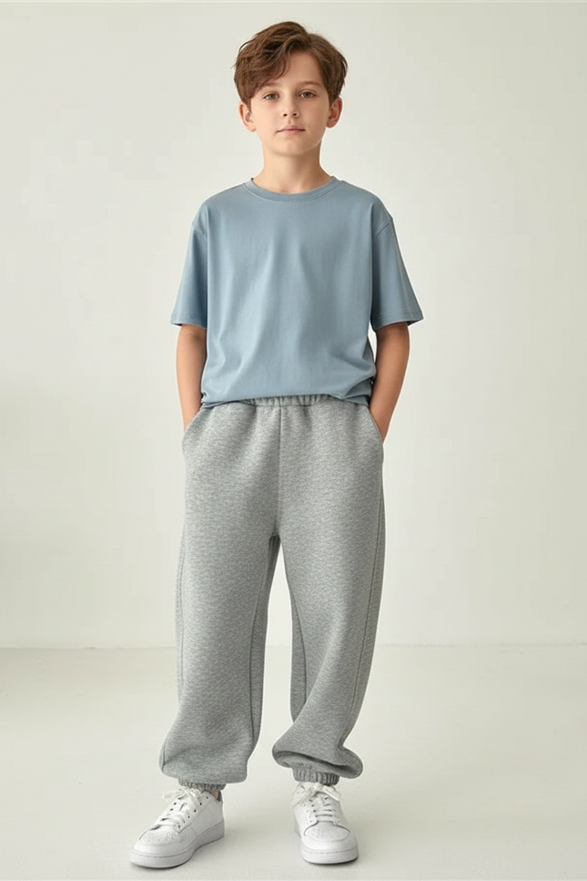 Pantalon Fluide Gris Ample Molletonné Décontracté Garçon