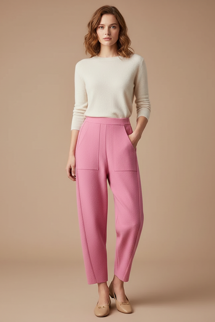 Pantalon Fluide Rose Ample Décontracté Texturé Femme - Tweed