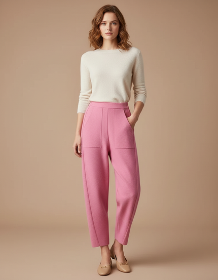 Pantalon Fluide Rose Ample Décontracté Texturé Femme - Tweed