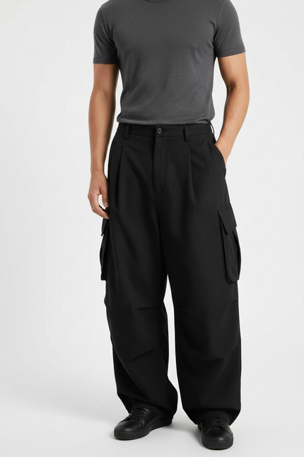 Pantalon Fluide Noir Ample Cargo Homme Décontracté - Polyester