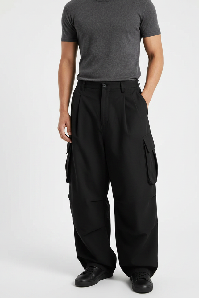 Pantalon Fluide Noir Ample Cargo Homme Décontracté - Polyester