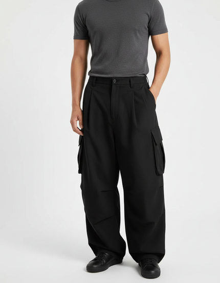 Pantalon Fluide Noir Ample Cargo Homme Décontracté - Polyester