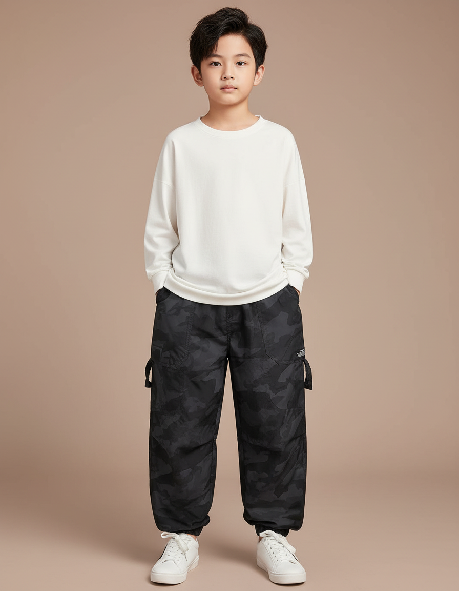 Pantalon Fluide Camouflage Noir Ample Cargo Garçon - Polyester