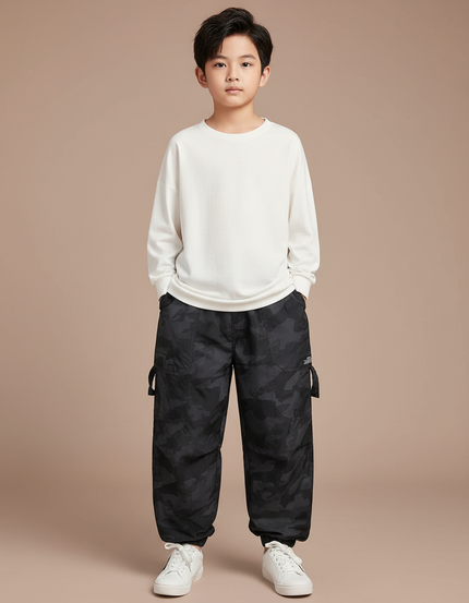 Pantalon Fluide Camouflage Noir Ample Cargo Garçon - Polyester