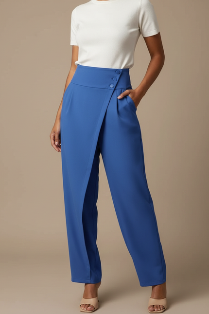 Pantalon Fluide Bleu Royal Taille Haute Élégant Droit - Polyester