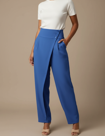 Pantalon Fluide Bleu Royal Taille Haute Élégant Droit - Polyester