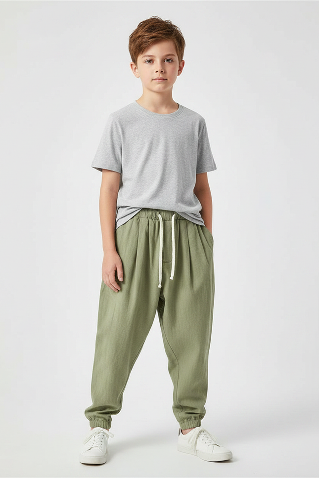 Pantalon Fluide Vert Kaki Ample Coton Lin Enfant