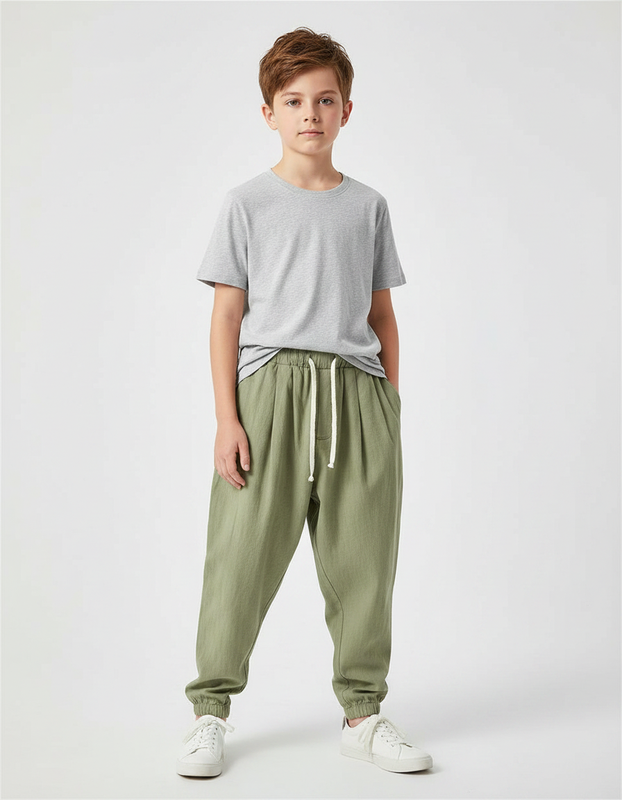 Pantalon Fluide Vert Kaki Ample Coton Lin Enfant