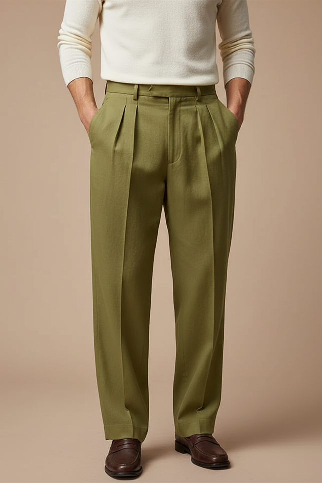 Pantalon Fluide Vert Ample Plissé Lin Homme