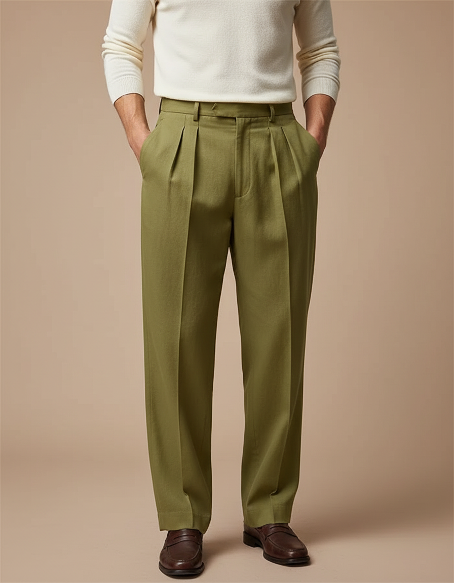 Pantalon Fluide Vert Ample Plissé Lin Homme