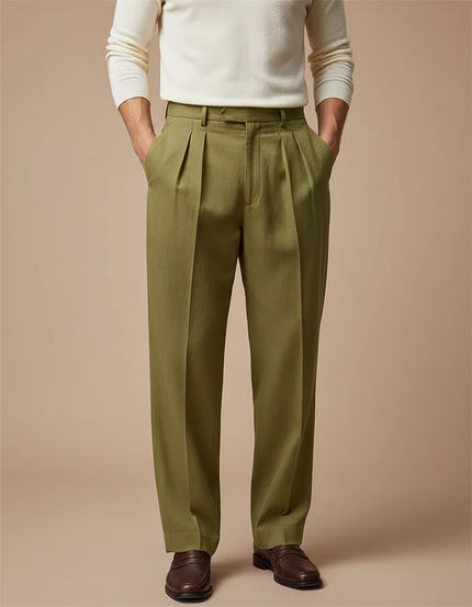 Pantalon Fluide Vert Ample Plissé Lin Homme