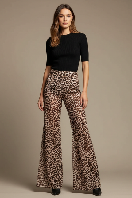 Pantalon Fluide Léopard Imprimé Évasé Taille Haute - Polyester