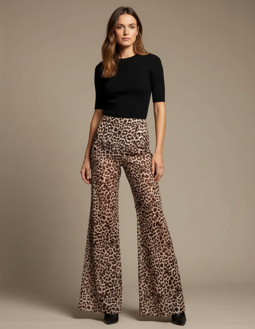 Pantalon Fluide Léopard Imprimé Évasé Taille Haute - Polyester