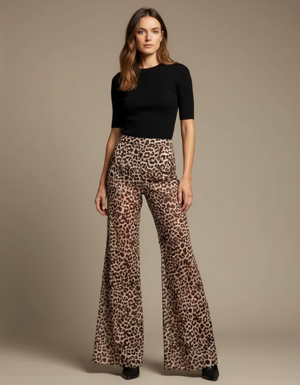 Pantalon Fluide Léopard Imprimé Évasé Taille Haute - Polyester