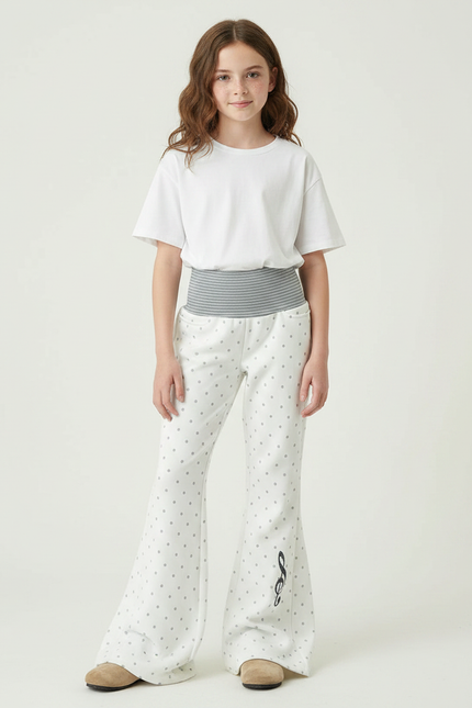 Pantalon Fluide Blanc Pois Évasé Enfant - Molleton
