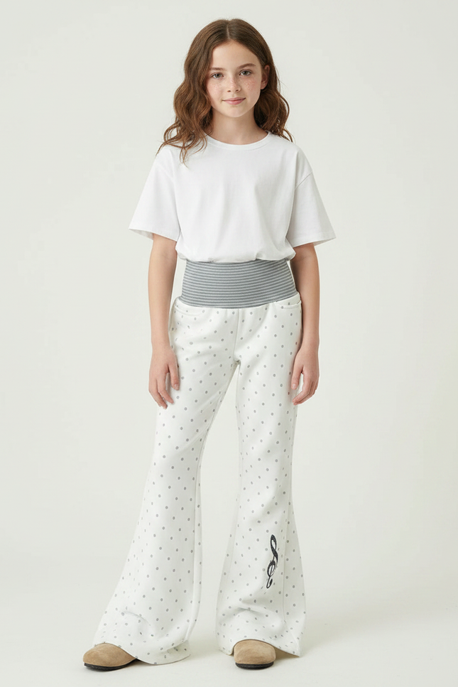 Pantalon Fluide Blanc Pois Évasé Enfant - Molleton