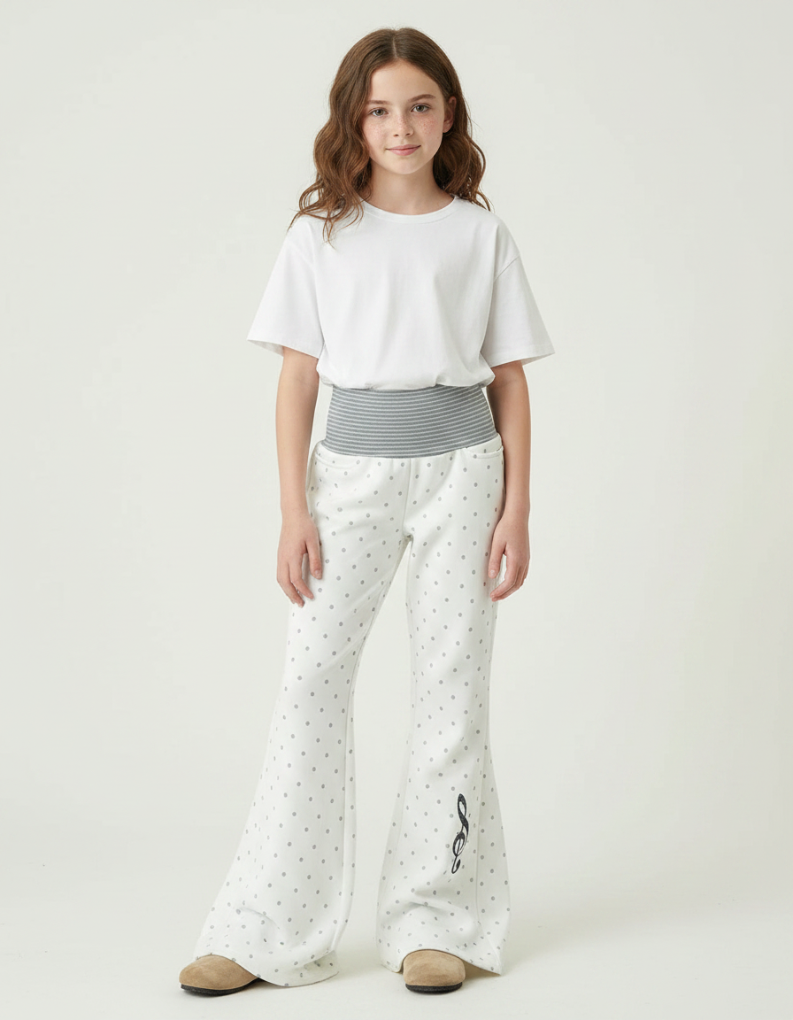 Pantalon Fluide Blanc Pois Évasé Enfant - Molleton