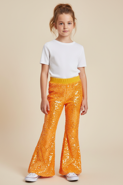 Pantalon Fluide Évasé Paillettes Orange Brillant Confortable - Polyester