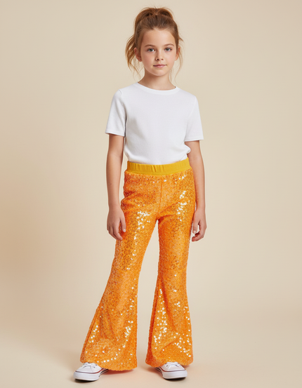 Pantalon Fluide Évasé Paillettes Orange Brillant Confortable - Polyester