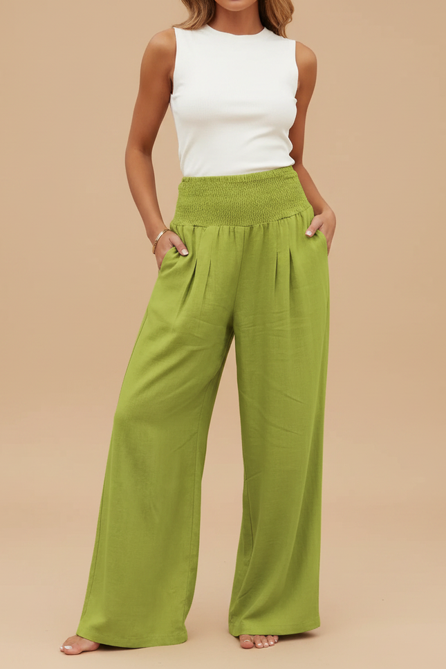 Pantalon Fluide Vert Ample Taille Haute Plissé Décontracté - Lin