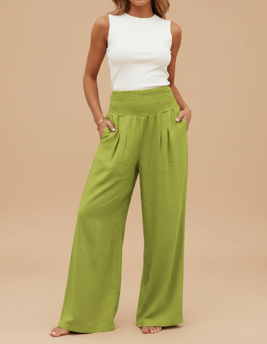 Pantalon Fluide Vert Ample Taille Haute Plissé Décontracté - Lin