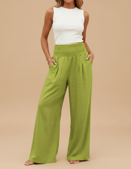 Pantalon Fluide Vert Ample Taille Haute Plissé Décontracté - Lin