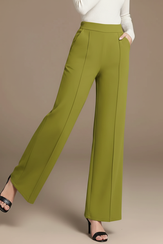 Pantalon Fluide Vert Ample Taille Haute Décontracté Femme - Polyester