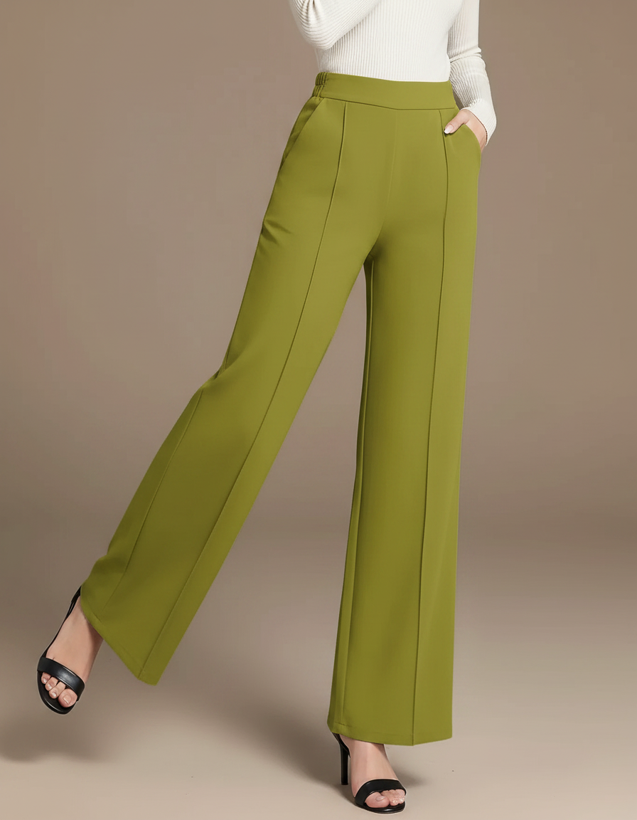 Pantalon Fluide Vert Ample Taille Haute Décontracté Femme - Polyester