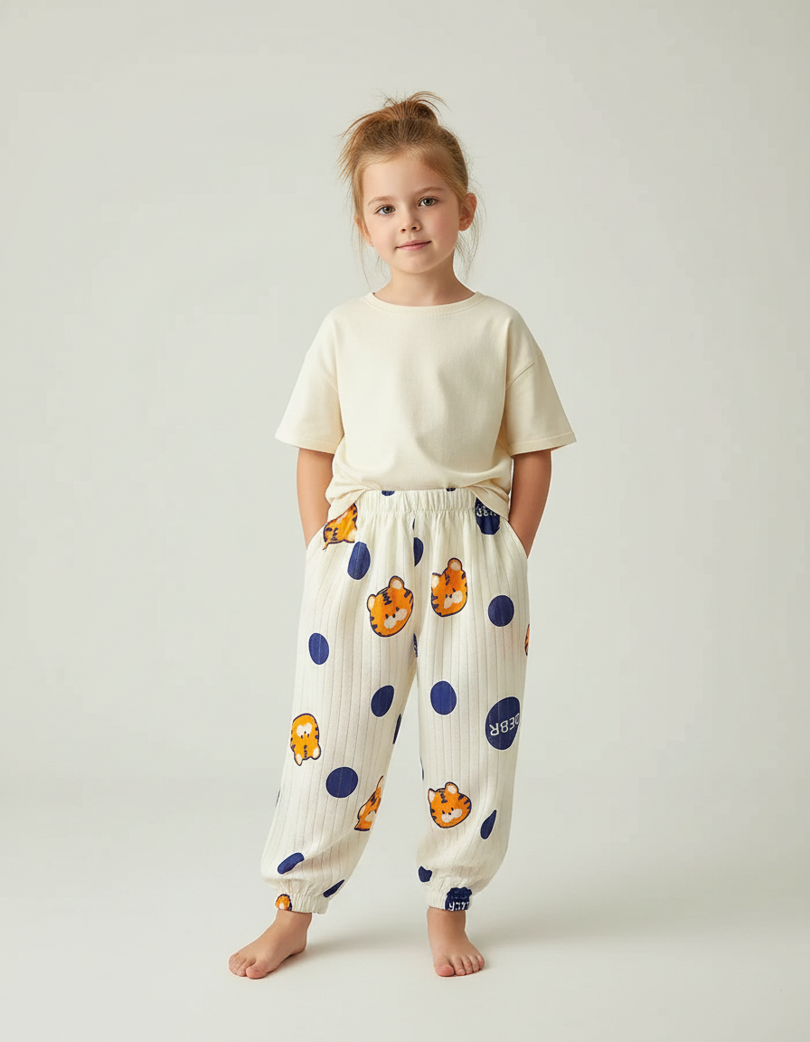 Pantalon Fluide Écru Côtelé Imprimé Tigres Ample Décontracté - Beige Cordé