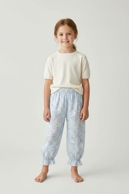 Pantalon Fluide Bleu Ciel Fleuri Ample Coton Enfant