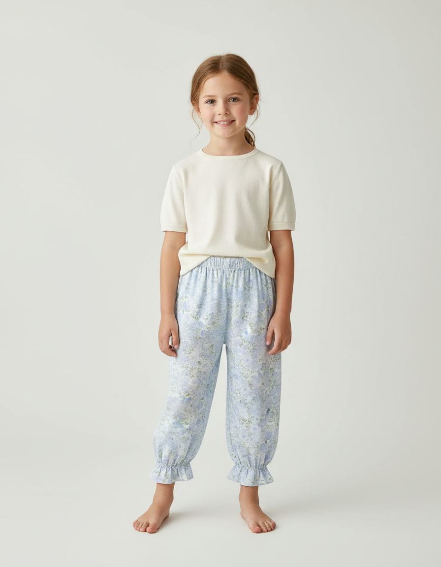Pantalon Fluide Bleu Ciel Fleuri Ample Coton Enfant