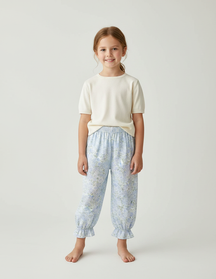 Pantalon Fluide Bleu Ciel Fleuri Ample Coton Enfant