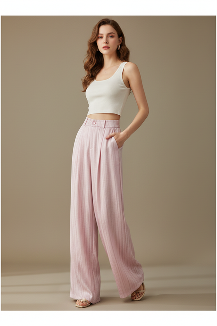 Pantalon Fluide Rose Rayé Ample Élégant Décontracté - Lin