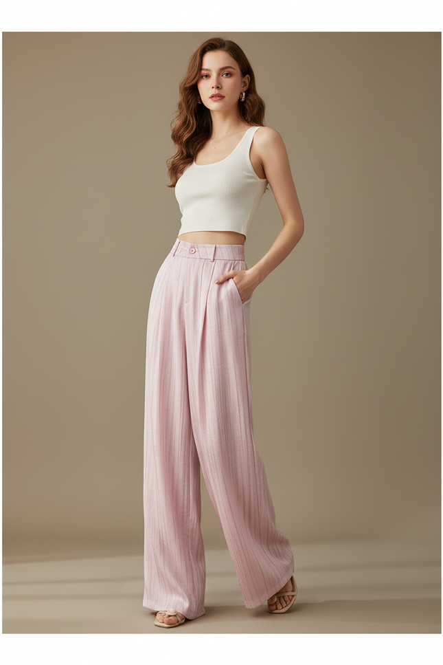 Pantalon Fluide Rose Rayé Ample Élégant Décontracté - Lin