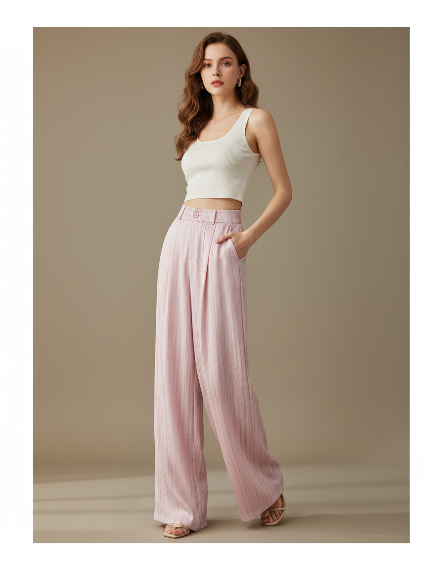 Pantalon Fluide Rose Rayé Ample Élégant Décontracté - Lin