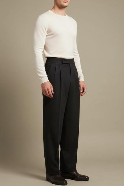 Pantalon Fluide Homme Gris Foncé Laine Plissé