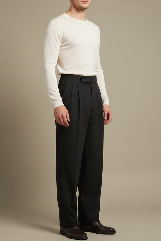 Pantalon Fluide Homme Gris Foncé Laine Plissé