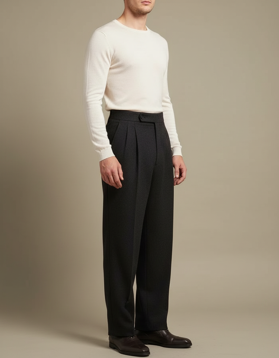 Pantalon Fluide Homme Gris Foncé Laine Plissé
