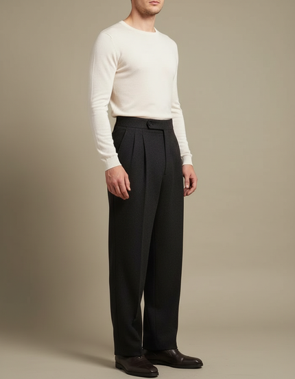 Pantalon Fluide Homme Gris Foncé Laine Plissé