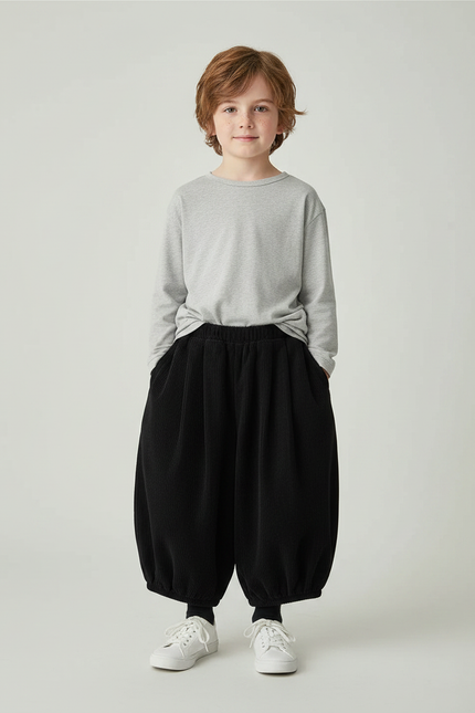 Pantalon Fluide Noir Côtelé Ample Rétro Enfant - Cordé