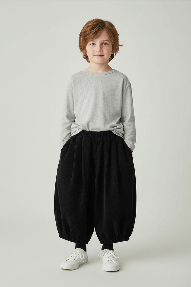 Pantalon Fluide Noir Côtelé Ample Rétro Enfant - Cordé