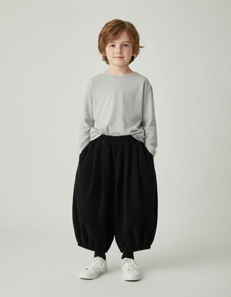 Pantalon Fluide Noir Côtelé Ample Rétro Enfant - Cordé