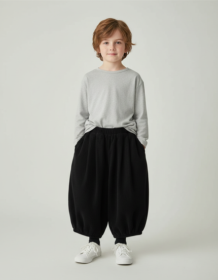 Pantalon Fluide Noir Côtelé Ample Rétro Enfant - Cordé