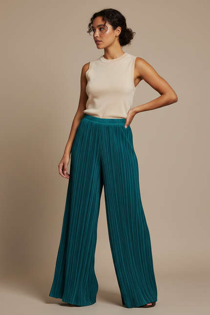Pantalon Fluide Plissé Ample Vert Émeraude Élégant - Polyester
