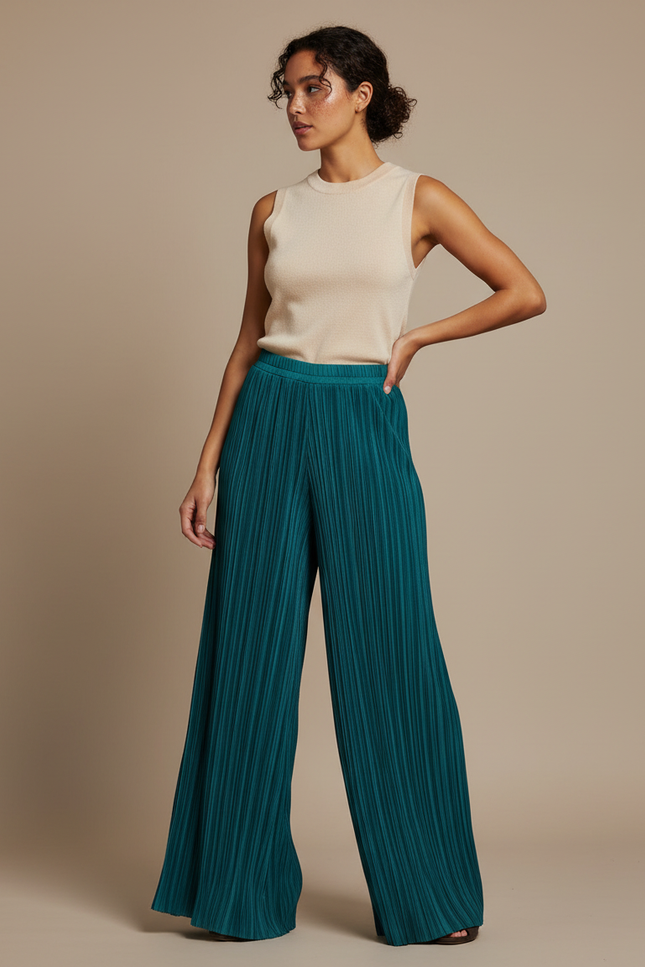 Pantalon Fluide Plissé Ample Vert Émeraude Élégant - Polyester
