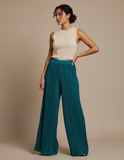 Pantalon Fluide Plissé Ample Vert Émeraude Élégant - Polyester