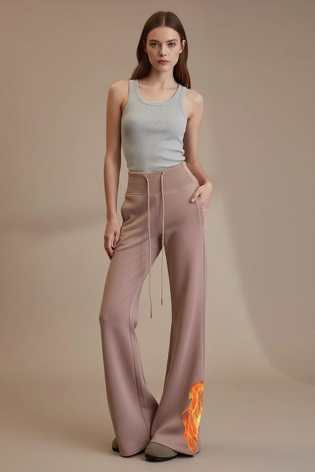 Pantalon Fluide Rose Flammé Taille Haute Confortable Évasé - Molleton