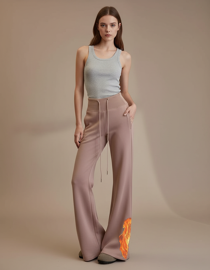 Pantalon Fluide Rose Flammé Taille Haute Confortable Évasé - Molleton